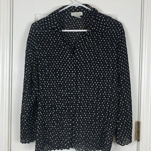 LE Grange black blouse 3/4 sleeves w/white polka dots. Stretchy fabric large